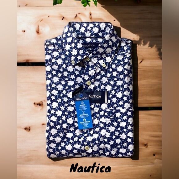 NAUTICA MENS STRETCH PERFORMANCE BUTTON DOWN COLLAR SHIRT ESTATE BLUE FLORAL SM - Picture 1 of 6